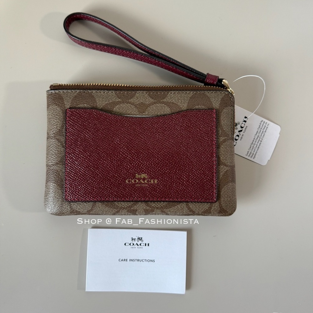 Coach Signature Tan and Burgundy Wristlet